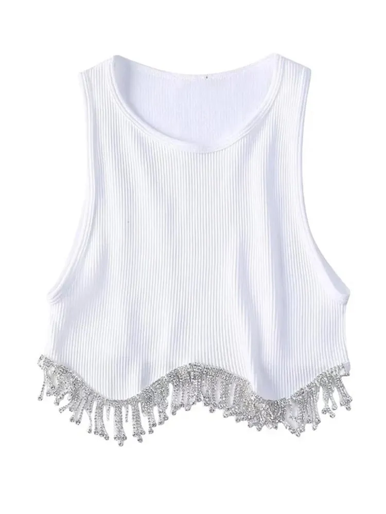 High Street Sexy Hem Tassel Diamond Beading Knitting T Shirt Chic Short Camis Tank Lady Slim Crop Vest Tops — image 3