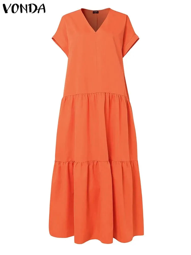 Plus Size VONDA Women Bohemian Dress 2025 Summer Sundress Solid Color Casual Short Sleeve Party Ruffled Vestidos V-Neck Robe