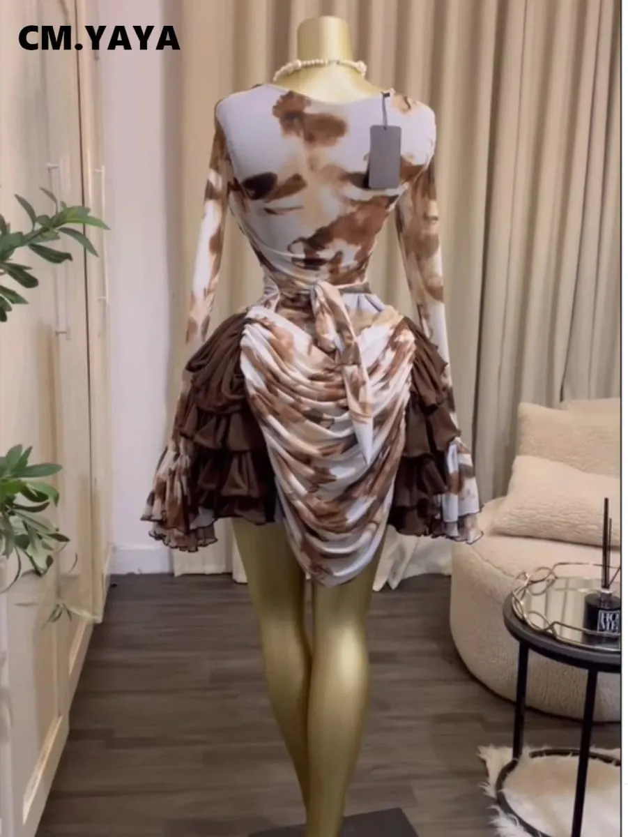 CM.YAYA Damen-Kleid mit Batikdruck, kaskadierende Rüschen, Glocke, lange Ärmel, figurbetont, gerafft, drapiert, V-Ausschnitt, Urlaub, Strand, Urlaubskleider — image 5