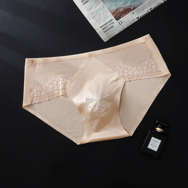 Large Size Men Sexy Panties Silky Satin Bugle Pouch Underwear Lace See Through Brief High Elastic Soft Underpant Bikini Lingerie