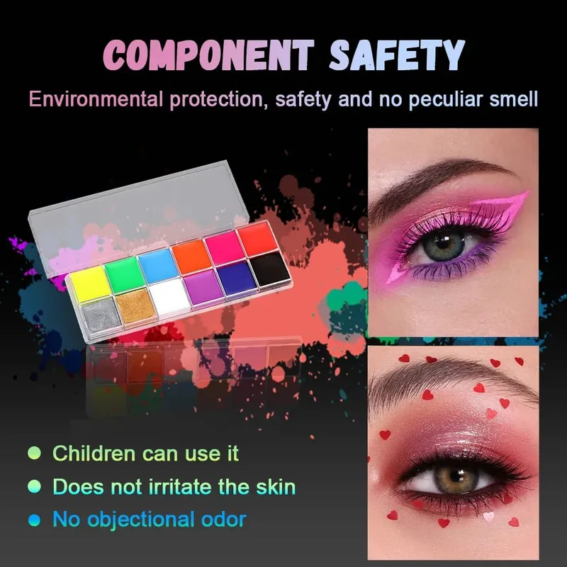 12-Color UV Glow Face and Body Paint Makeup Palette Set - Vibrant Waterproof Long-Lasting Halloween Cosplay and Costume Makeu — image 2