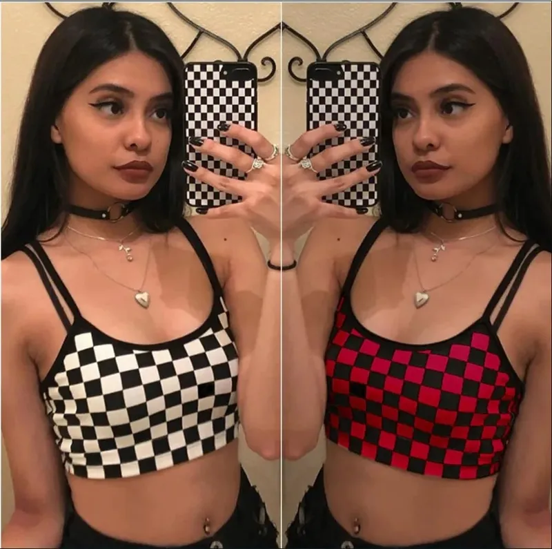Black Red Plaid Checkerboard Tank Top Halter Women Bare Midriff Crop Tops Camis Fashion Tube Top Female Sleeveless Cropped Vest — image 3