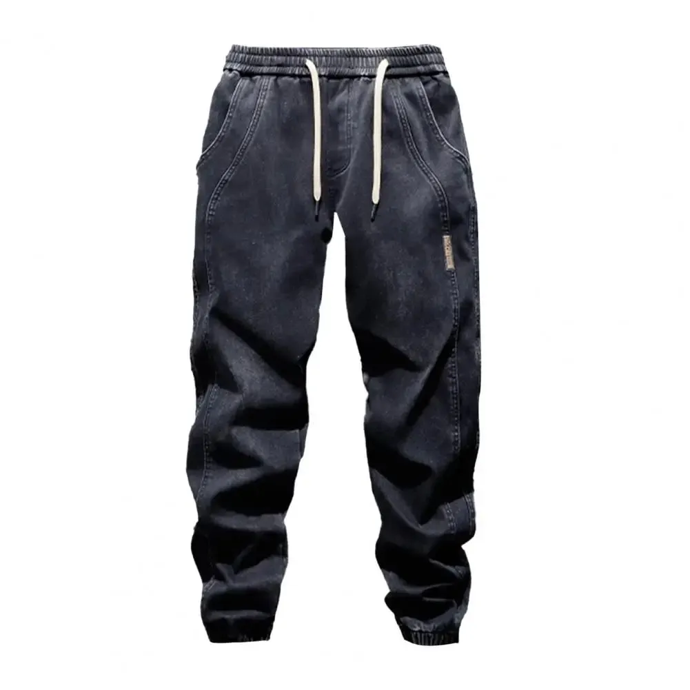 Harem Jeans with Leg Bindings Pockets Elastic Waist Adjustable Drawstrings Men Jeans Solid Color Street Style Jogger Pants