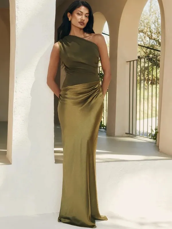 MO Patchwork Satin Sexy One Shoulder Women Maxi Dress Brown Sleeveless Evening Dress Summer Slim Elegant Party Clubwear — image 8