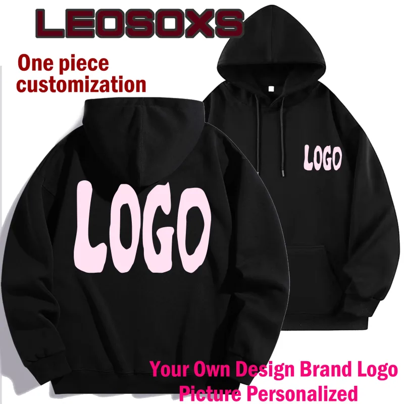 Logo Tersuai DIY Sweatshirt Bertudung Hitam Kapas Tulen Pullover Lengan Panjang Atasan Kasual untuk Lelaki Dan Wanita Fesyen Musim Sejuk Musim Gugur — image 2
