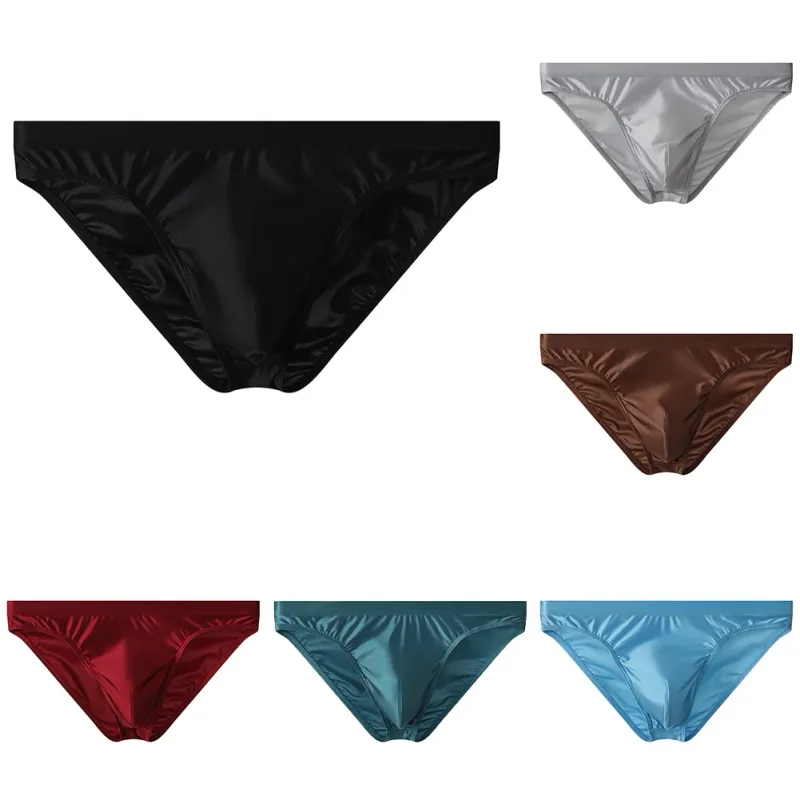 Cueca de biquíni masculina luxuosa de cetim marrom, cintura alta elástica, suave e brilhante, com bolsa de contorno 3d, respirável, íntima — image 8