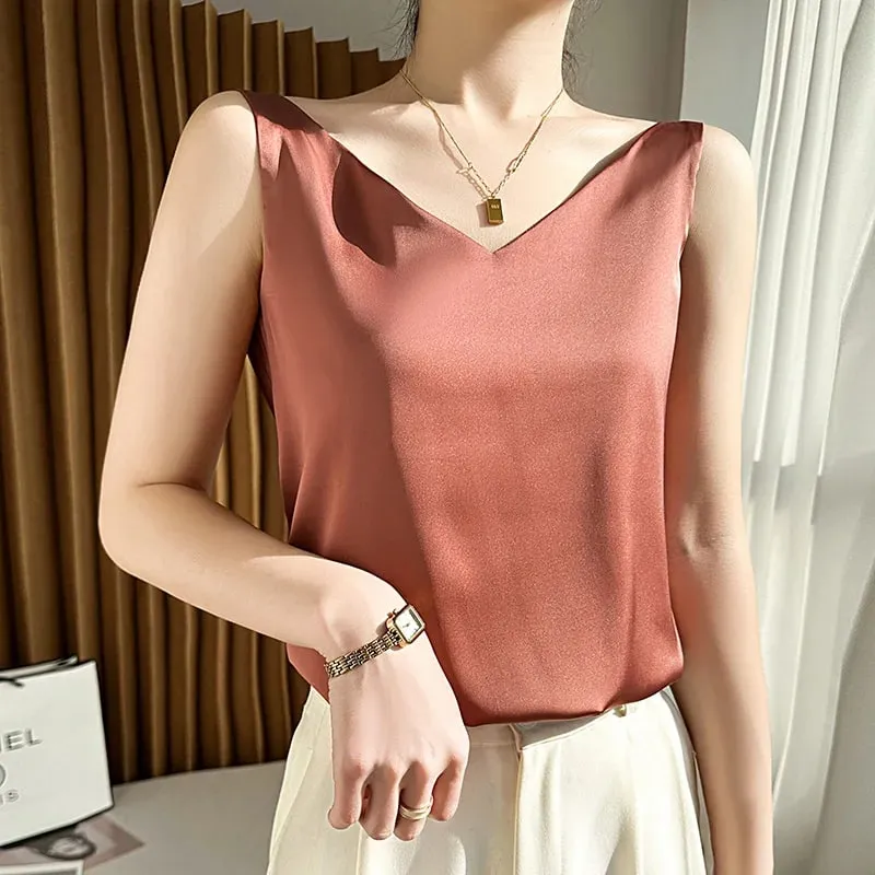 Silk Satin Women Double Shoulder Camisole Tank Top V-neck Sleeveless Top T-shirt Elegant Crop Top Solid Casual Basic 2025 Summer — image 5
