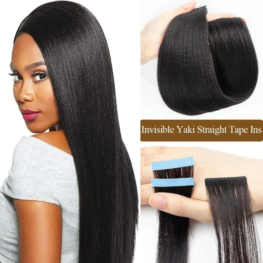 Light Yaki Straight Invisible Tape In Human Hair Extensions 12-20" PU Skin Weft Natural Black 100% Remy Hair Adhesive 20pcs/pack