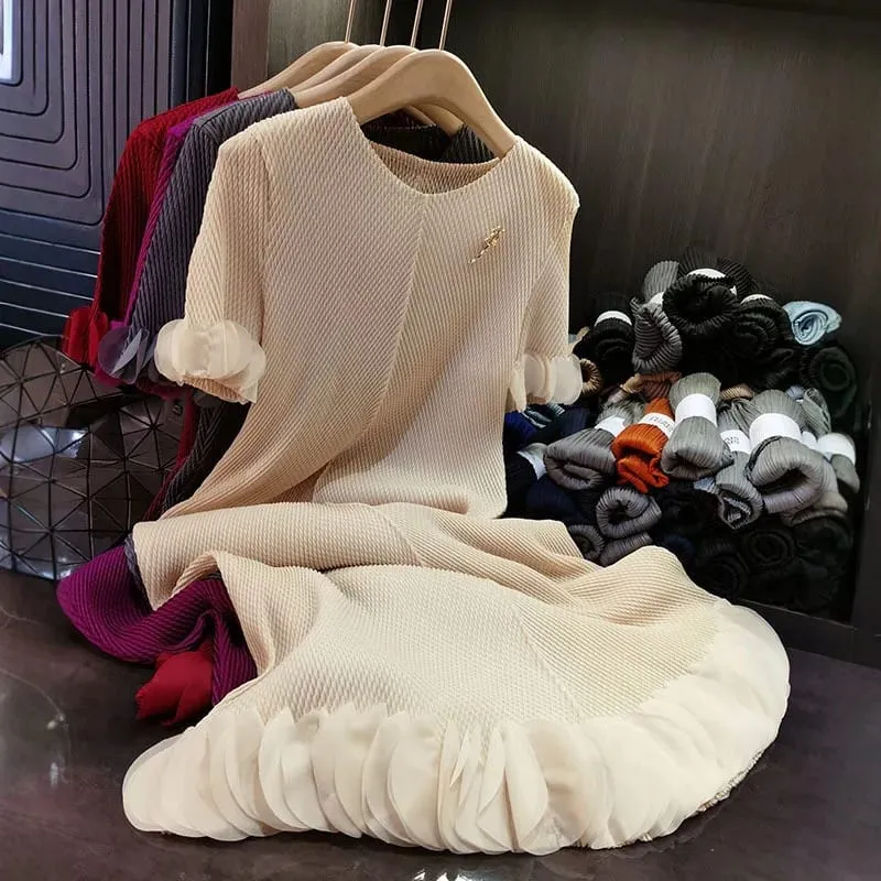 Miyake Pleated Dresses 2025 Summer New Plisse Round Neck Fold Elegant Pleat Solid Loose Thin Short Sleeve Pleats Dress Women — image 1