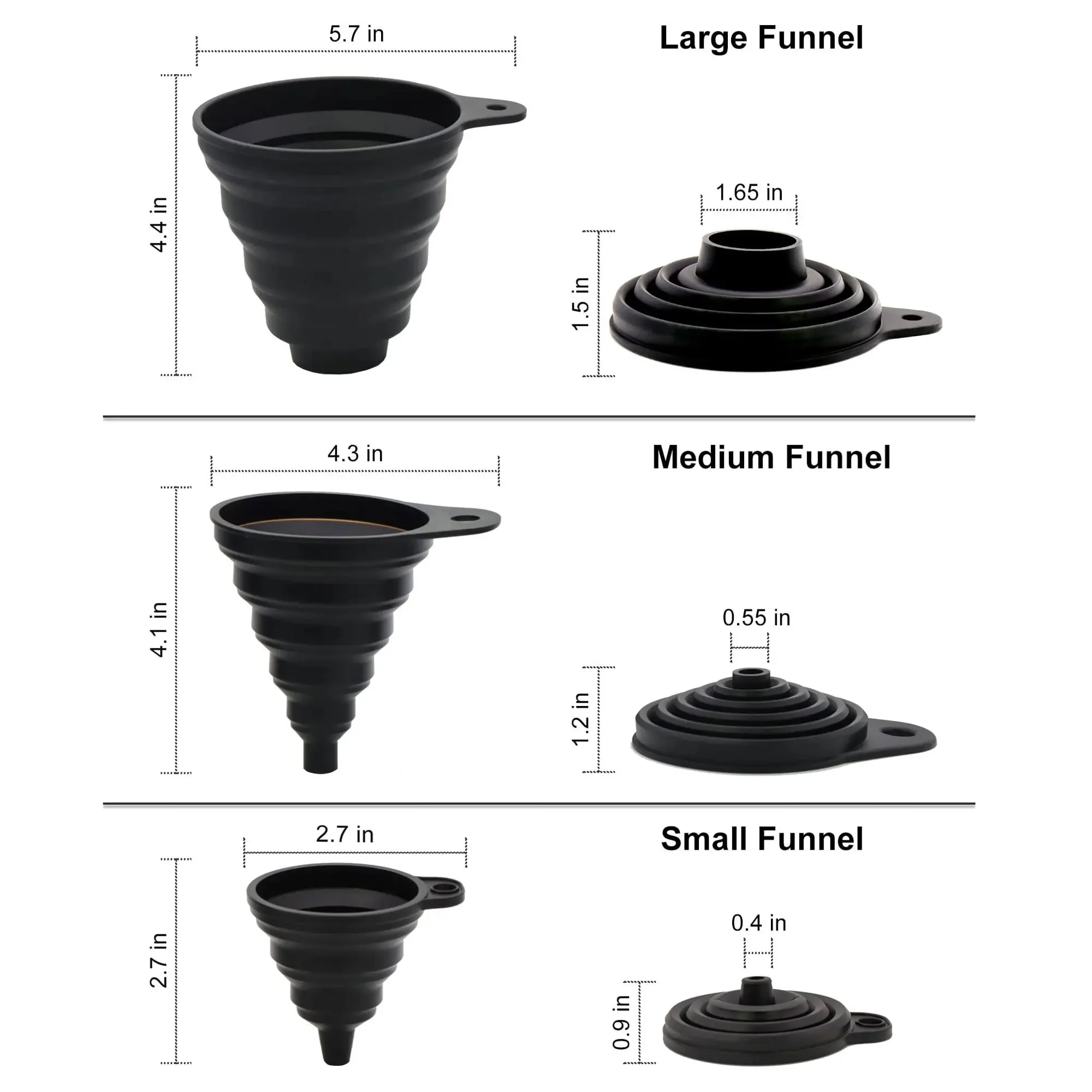 3 Pcs Silicone Collapsible Funnel Set Foldable Large Canning Jar Funnel for Wide Mouth and Regular Bottles Kitchen Use Filling