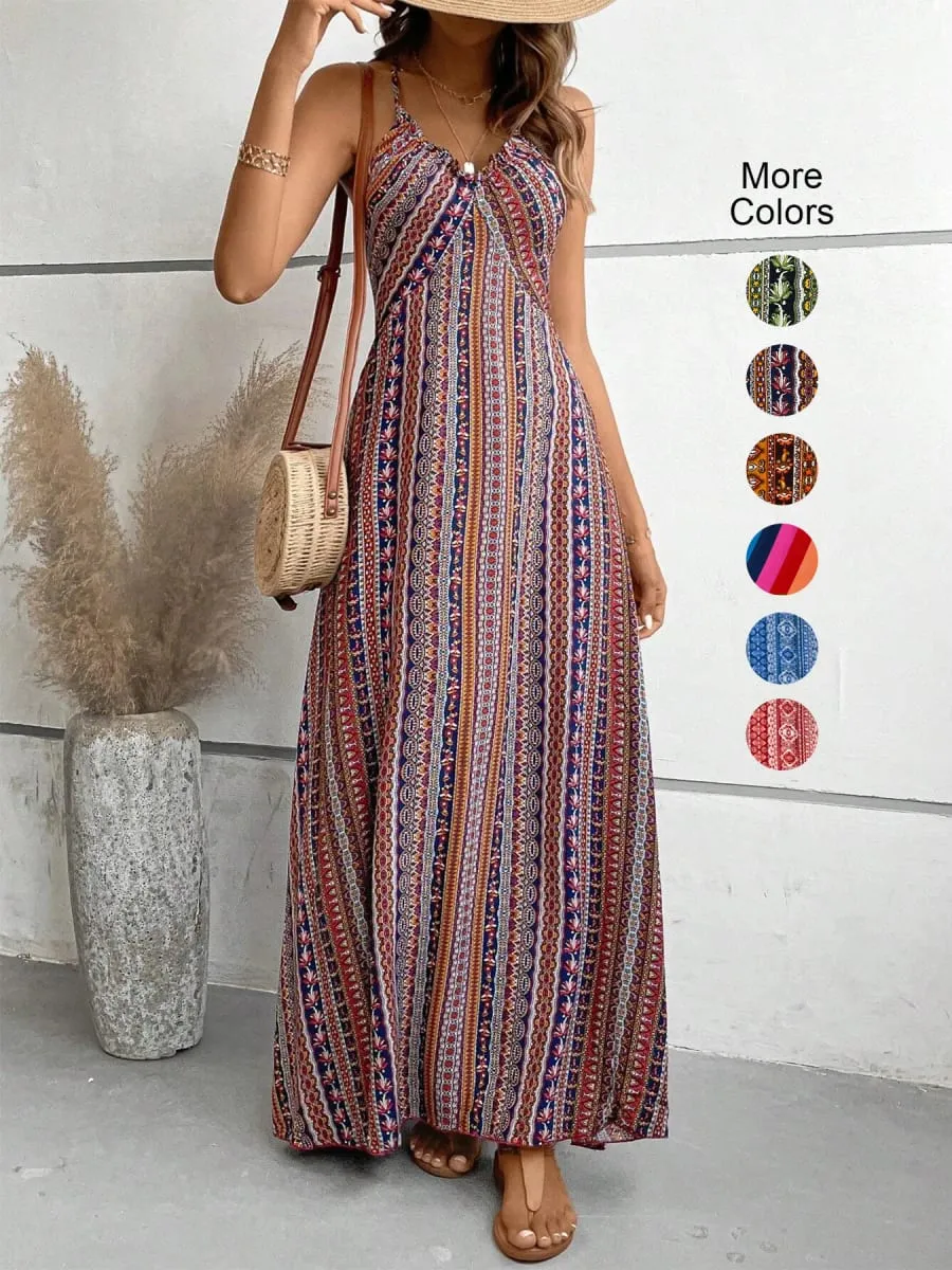 Women's Summer Ethnic Pattern Backless Split Thigh Dress Ladies Summer Clothes Boho Fashion Frill Trim Long Dress for Beach — image 1