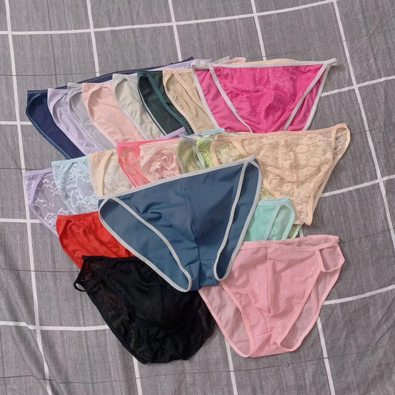 Random 1pc Men Briefs Bottoms Low Waist Transparent Lace Floral Lingerie Breathable Soft Summer Panties Underwear