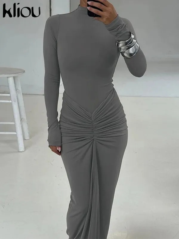 kliou Shirring Women Classic Maxi Dress Autumn New Solid Long Sleeve High Collar Body-shaping Vestidos Mujer Concise Trend Robe — image 8