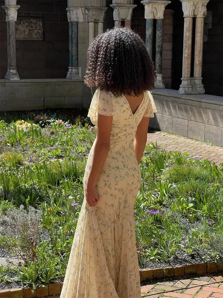 Abito lungo in chiffon con stampa floreale da donna Abito romantico con scollo a V profondo con maniche svolazzanti Abito alto e basso in pizzo 2026 Abito elegante da donna estivo — image 5