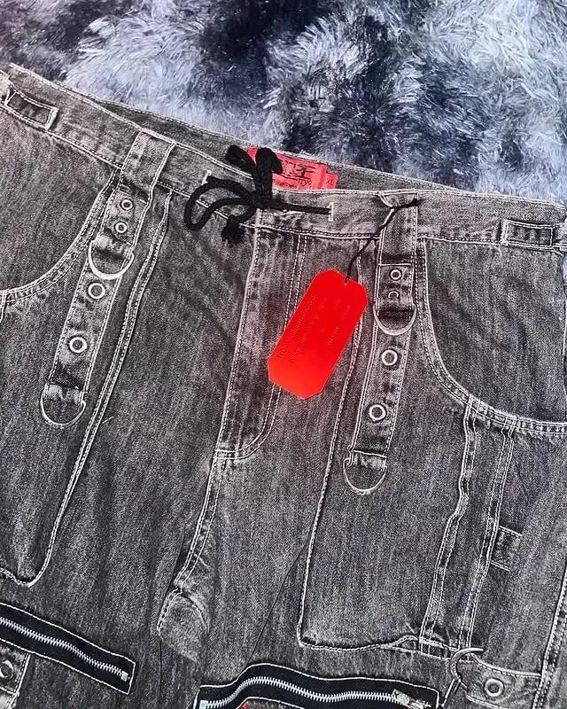 Men Gothic Punk Strap Denim Cargo Pants Black Multi Buckle Baggy Fit Streetwear Trendy Urban Fashion Washed Vintage Casual Jeans — image 5