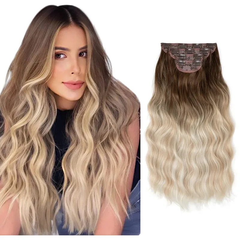 22" 4pcs/set Synthetic Clip In Hair Extensions Elegant Long Wavy Thick Hairpiece Daily Use Brown Blonde Natural Fake Hair — image 19
