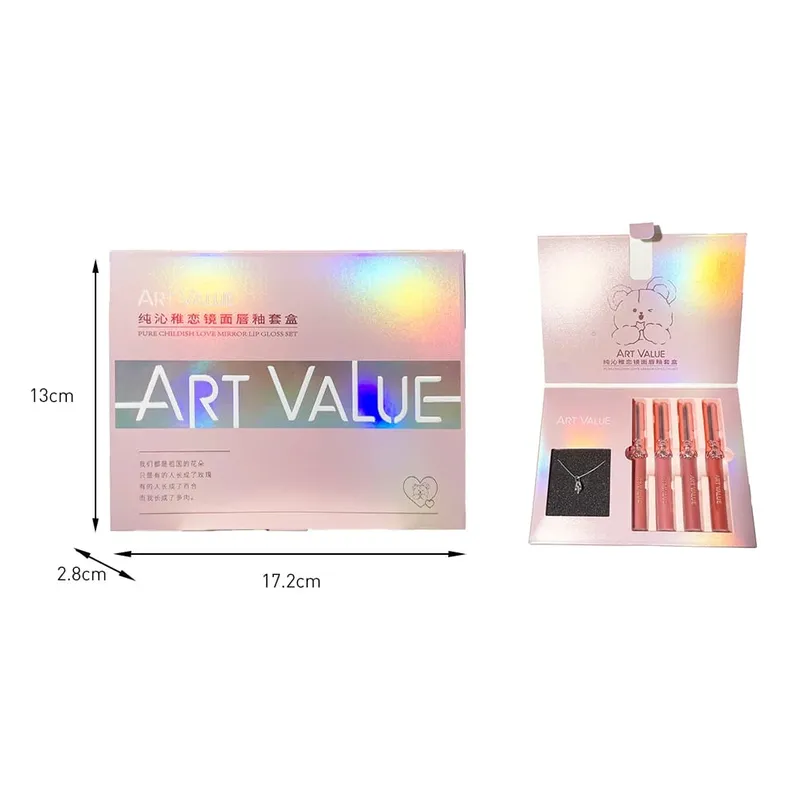 ART VALUE 4Pcs Lipgloss Liquid Lipstick Lasting Moisturizing Makeup Mirror Lip Glaze Set With Necklace Lip Tint Beauty Makeup