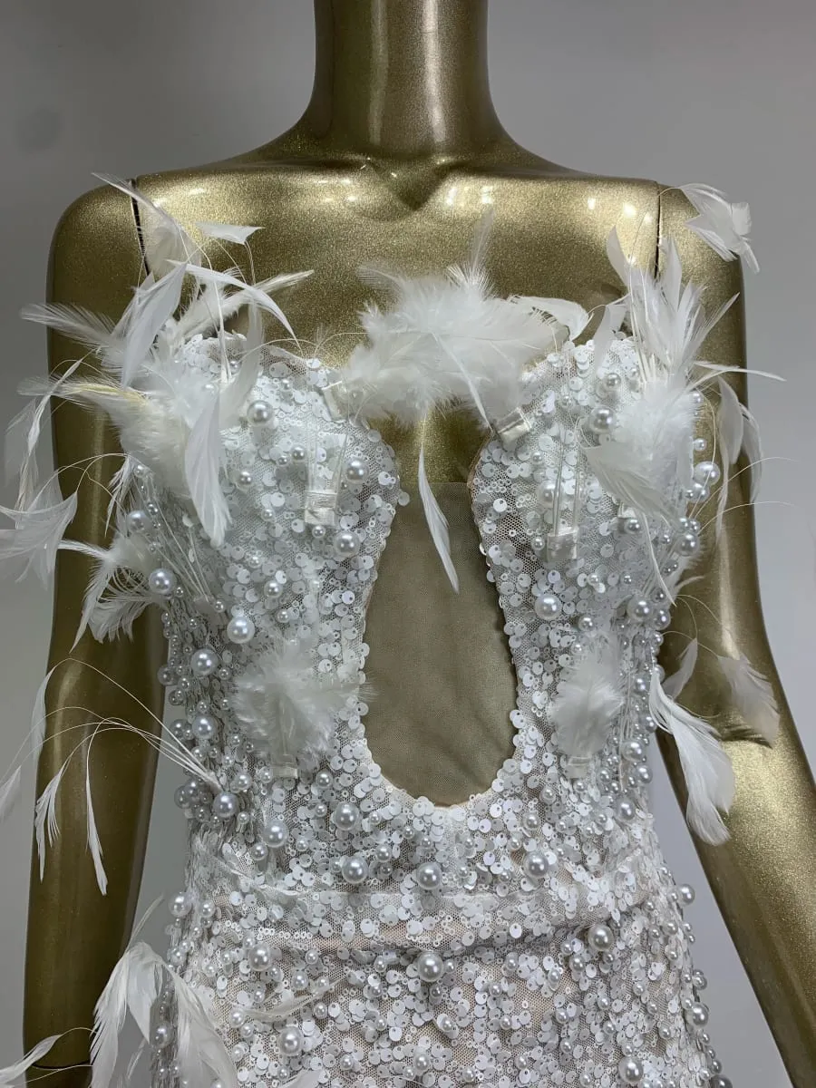 Luxury Sexy Strapless Feather Sequins White Pearl Maxi Long Women Gowns Dress 2024 Elegant Party Evening Stage Performance Dress — image 5