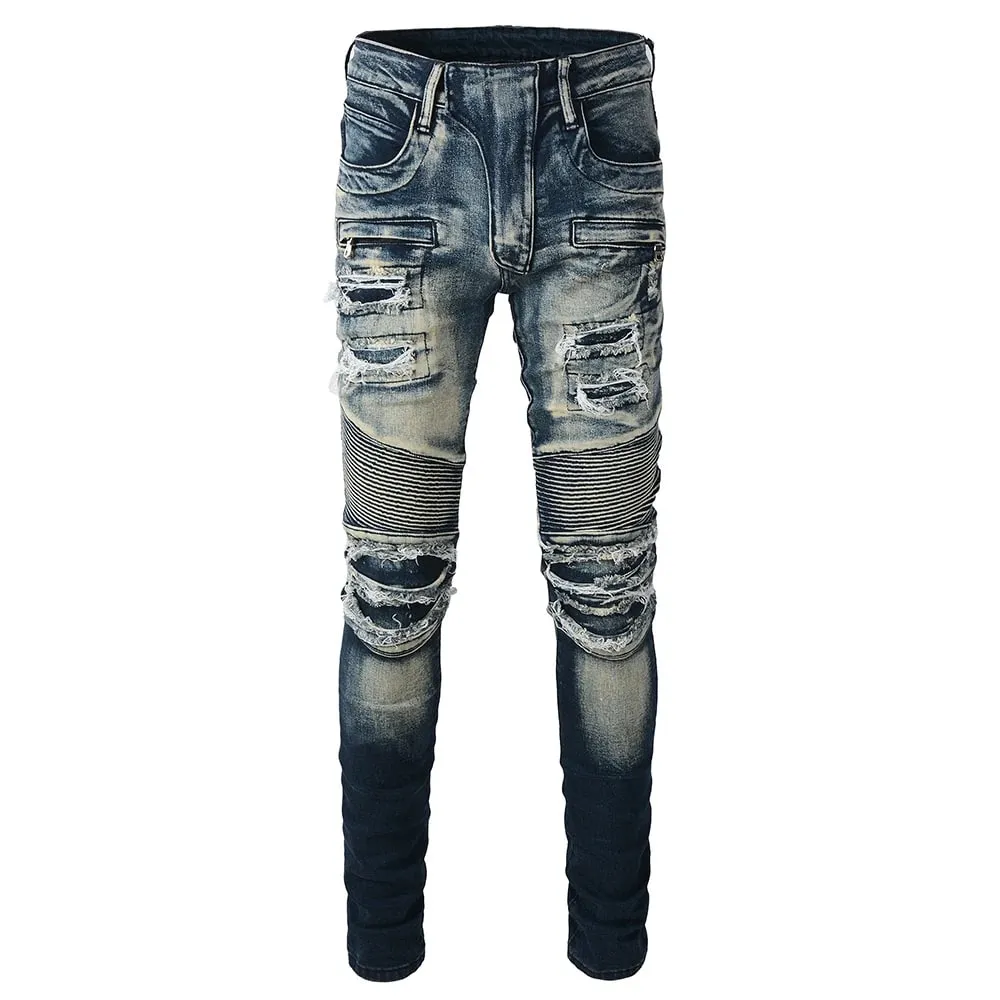 Men's Biker Jeans for Motorcycle Holes Ripped Distressed Patch Pants Stretch Denim Cotton Slim Straight Trousers High Quality — image 5