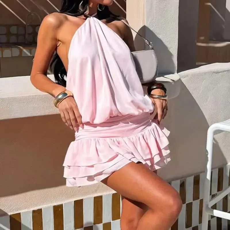 Mini abito senza schienale con scollo all'americana solido elegante fasciatura Y2K corsetto party streetwear slim sexy moda donna abiti prendisole vintage