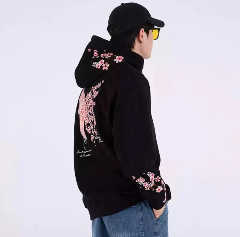 Man Hoodies 100% Cotton Butterfly Embroidery Harajuku Solid Pocket Hooded Sweatshirts Autumn Long Sleeve Loose Chinese Outwear — image 2