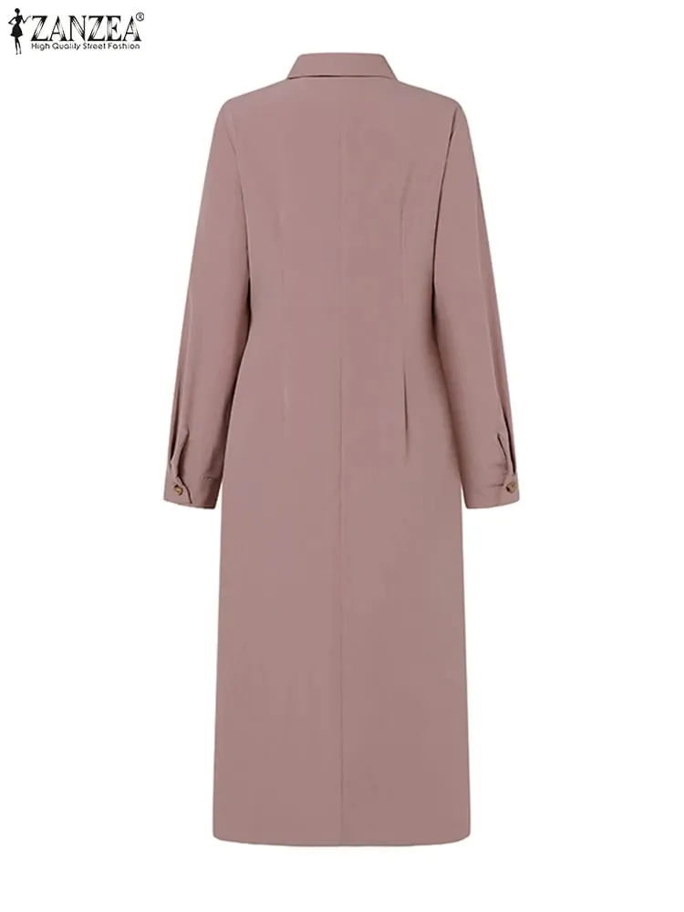 Elegant Women Dresses 2025 Autumn Long Sleeve Vestidos Solid Casual Waisted No Belted Robe Office Lady Midi Spilt Robe — image 5