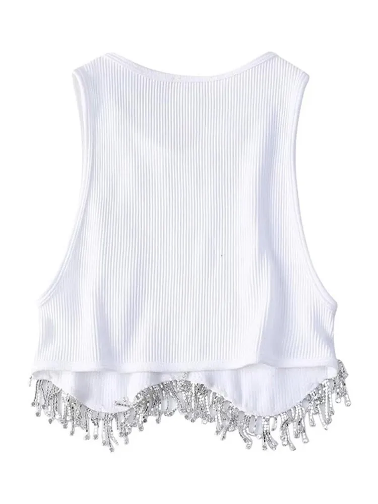 High Street Sexy Hem Tassel Diamond Beading Knitting T Shirt Chic Short Camis Tank Lady Slim Crop Vest Tops — image 4