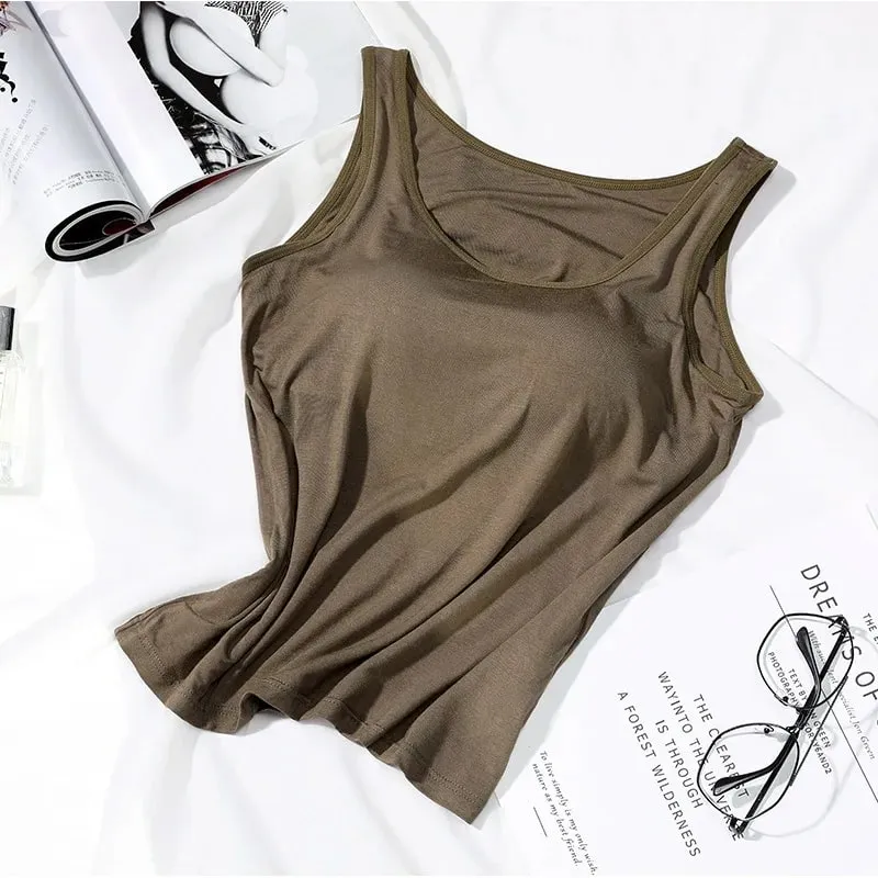 2026 Women's Vest Tops with Built In Bra Neck Vest Solid Color Padded Slim Fit Tank Tops Sexy Shirts Feminino Casual Tank Tops — image 13