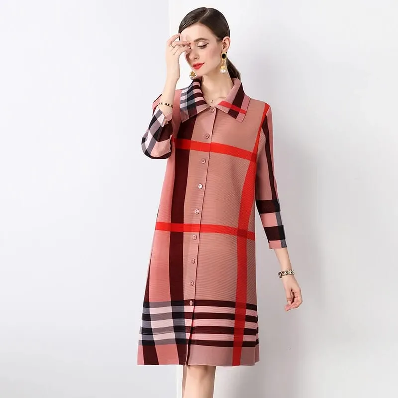 Autumn 2024 Arrival Miyake Fashionable Pleated Dress with Printed Stripes Chic Loose Collar Button Placket Color Locked Design