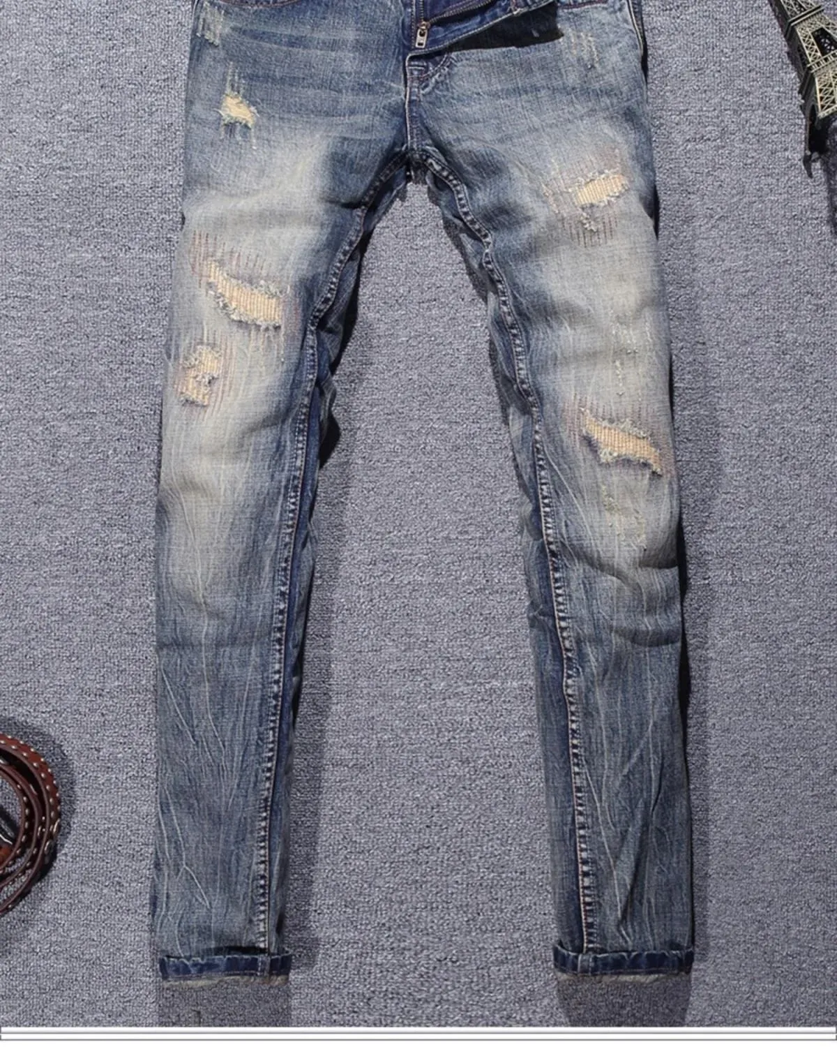 2023 Spring and Autumn New Classic Fashion Solid Color Ripped Small Foot Pants Men's Casual Comfort Elastic High Quality Jeans — image 8
