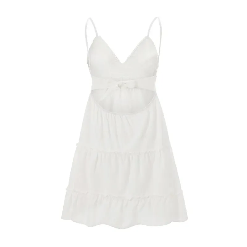 Summer Spaghetti Strap Dress Women Boho Embroidery Waisted Short Dresses Ladies A Line Backless Ruffled Lace Up Sling Dress — image 6