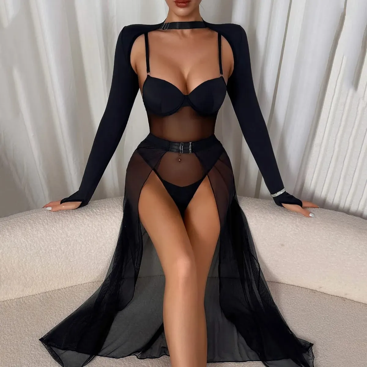 2025 New Perspective Mesh Body Shaping Jumpsuit Women's Sexy Splicing Split Skirt Female See Through Underwear 3-Piece Brief Set — image 3