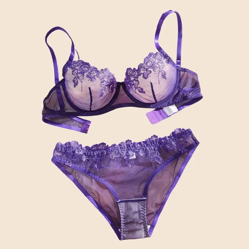 Sexy Lingeries Purple Tulle See Through Lingerie French Intimate Female Underwear Romantic Sexy Set Steel Ring Bra and Panty Set — image 2
