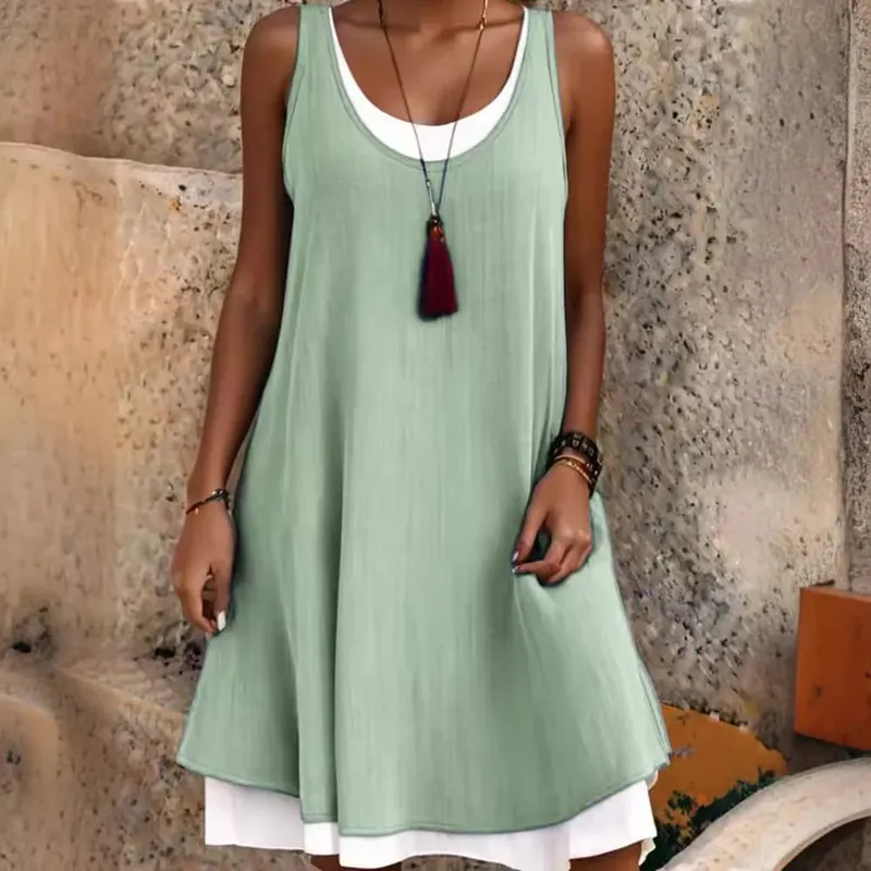 Women's Solid Dress Fashion O Neck Pullover Sleeveless Fake Two Piece Loose Beach Dresses For Women Summmer New Womens Clothing — image 9