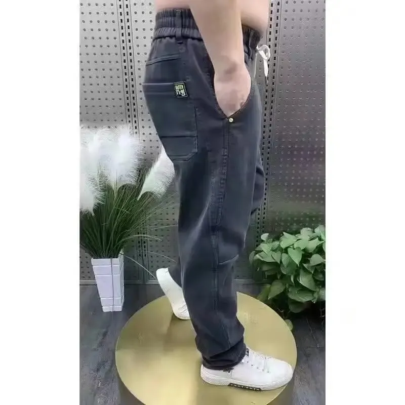 Harajuku Stretch Korea Streetwear Loose Solid Denim Jeans Elastic Waist for Men Spring Summer New plus size 7XL 8XL Casual Pants — image 12