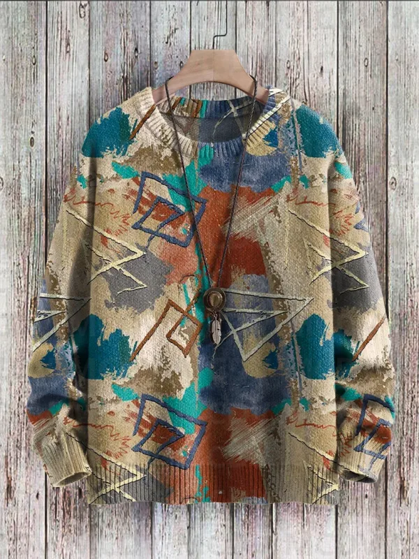Vintage Pattern Print Knit Pullover Sweater Pambabae Para sa Lalaki Sweater — image 3