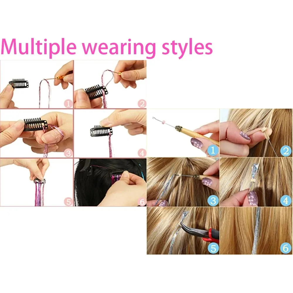 Rainbow Colored Sparkle Synthetic Hair Tinsel 36/48 Inch Girls Headwear Laser False Hair Extensions Glitter Decor Strands — image 6