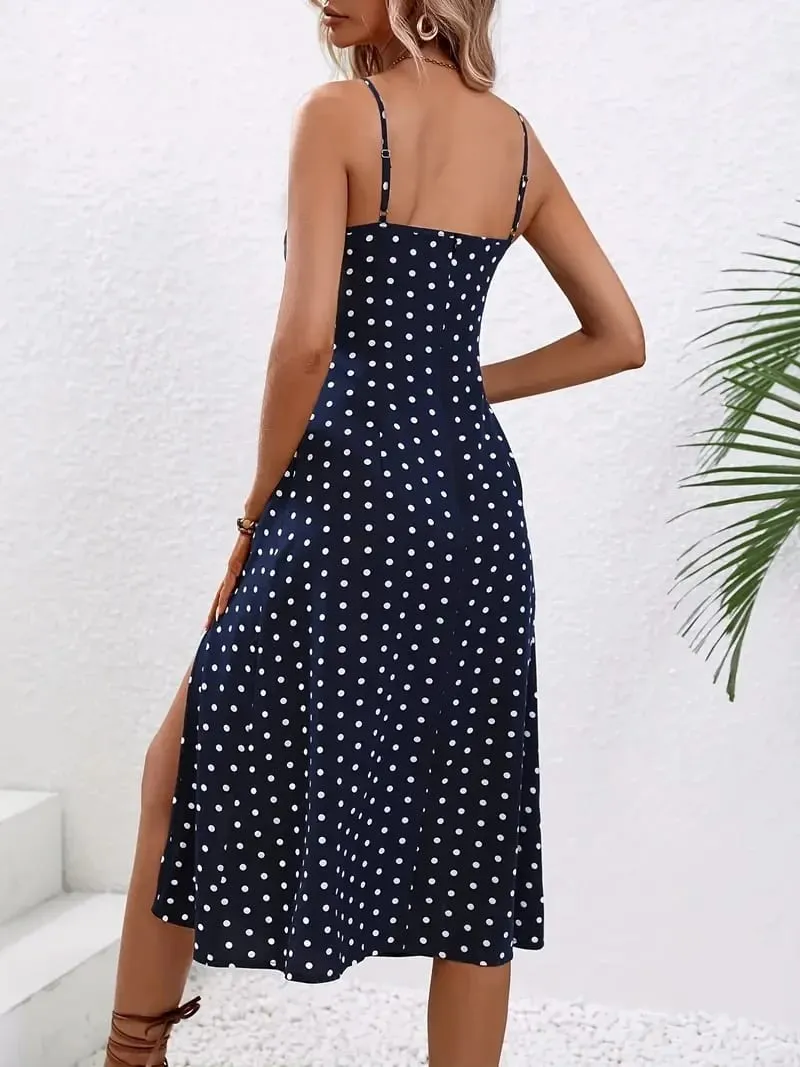 2024 Women Floral Print Spaghetti Straps Summer Boho Beach Dress Print Elegant Suspenders Square Neck Slit Dress Vestidos — image 4