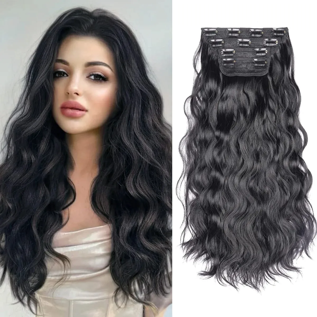 Clip in Synthetic Hair Extensions Long Wavy 4PCS Thick Hairpieces Dark Brown Fiber Double Weft Natural Hair Extensions For Women — image 15