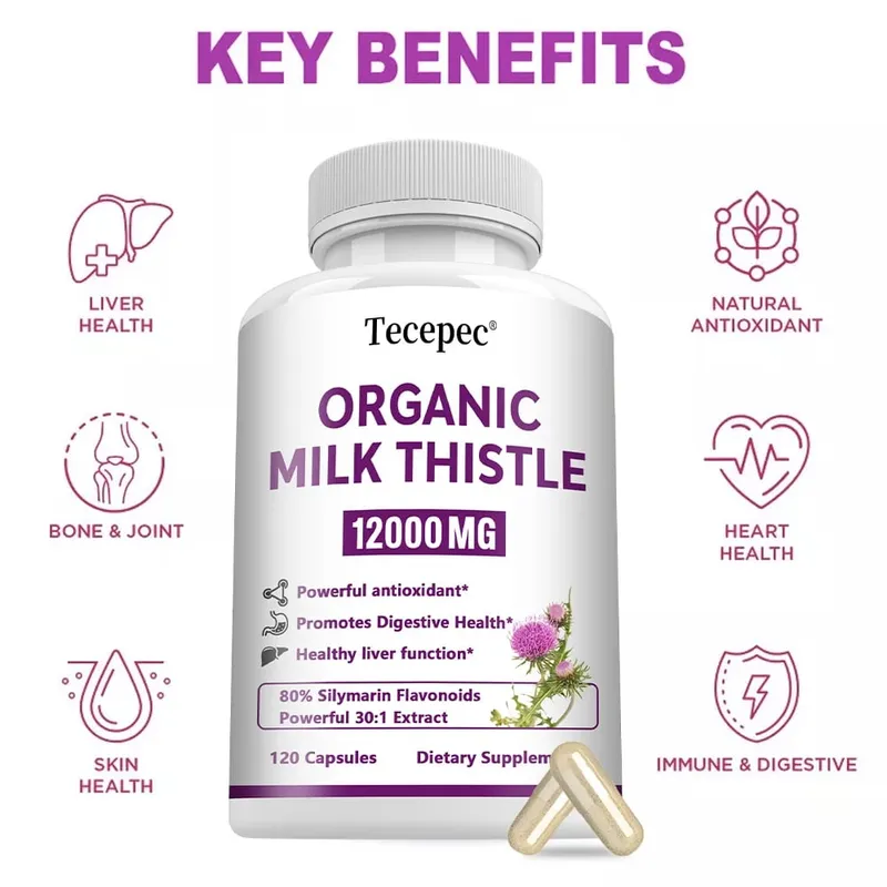 Organic Milk Thistle Extract 12000mg Capsules Liver Digestive Health Supports Liver Function Antioxidant Non-GMO Vegetarian