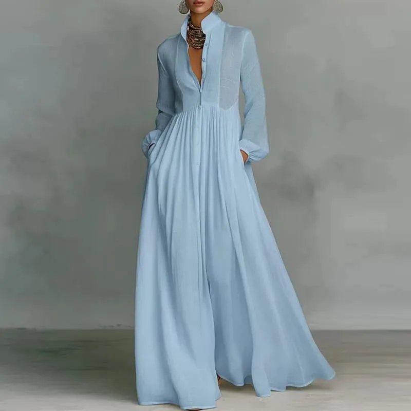 Robe longue française élégante, taille haute, balançoire, poches solides, plissée, Maxi, manches longues, boutons, robe de soirée, printemps, automne