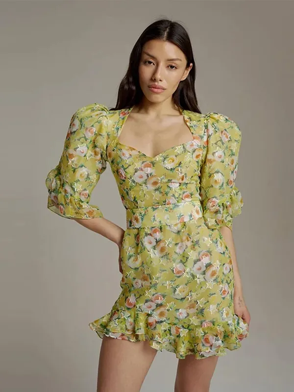 พิมพ์ลายดอกไม้ด้านข้างแยกVคอมินิเดรสSlim Fitwaist Cinchingพัฟแขน 2026 ฤดูร้อนElegant Women PartyหวานVestidos — image 14
