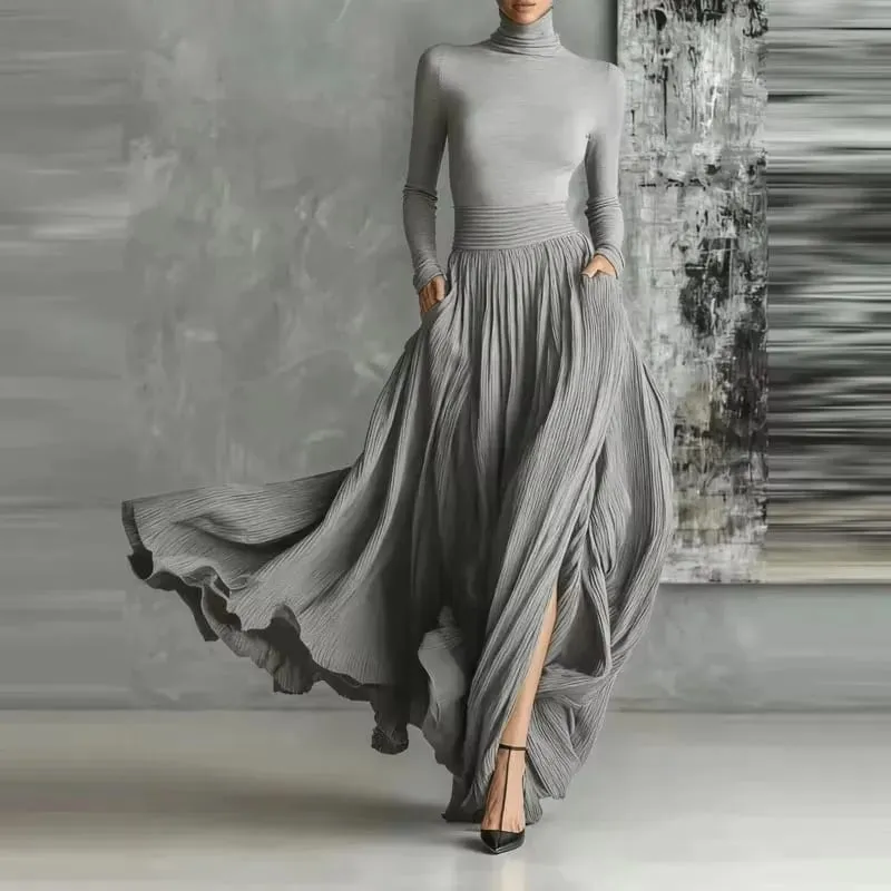 ฝรั่งเศส Elegant 2 ชิ้นชุดกระโปรงสำหรับสตรีกระเป๋า Solid Minimalist แยก Hem จีบสายคอเต่าวินเทจ Slim ชุด — image 3