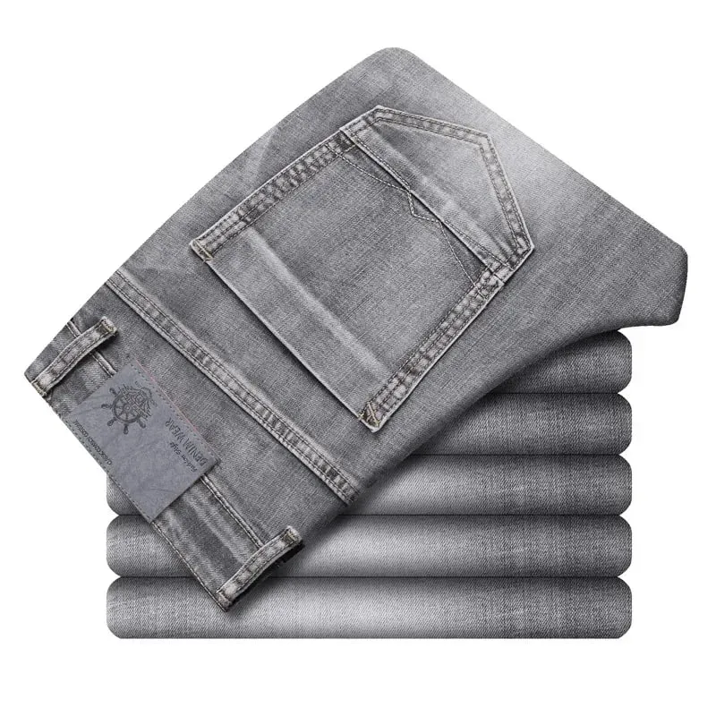 2026 Cotton Stretch Jeans Business Casual Men's Thin Denim Jeans Grey Spring Summer Brand New Fit Straight Lightweight
