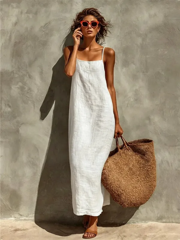 Yaz Kadın Düz Renk Rahat Rahat Kayma Sundress Kum Beachwear Backless Kolsuz Gevşek Maxi Uzun Tatil Elbiseleri
