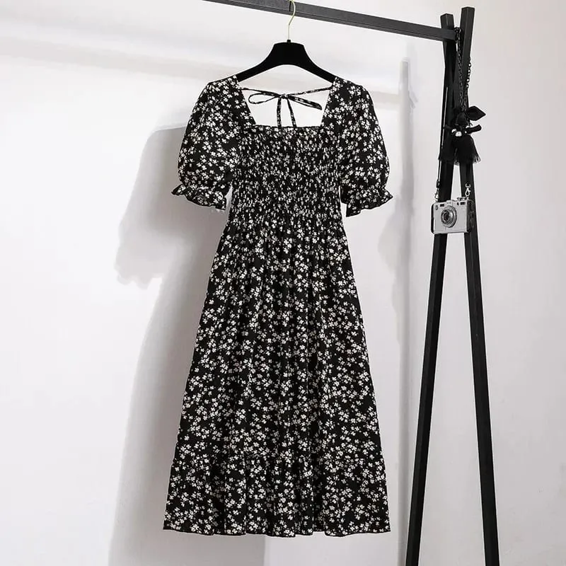 Spring Summer Chiffon Dresses Fashion Female Elastic Waist Short Sleeve Pleated Casual Dress Women A-line Dresses Vestidos — image 6