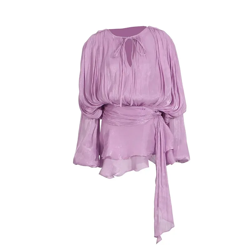 Solid Patchwork Lace Up Blouse Mini Dresses For Women V Neck Long Sleeve Sweet Style Dress Female Clothing Fashion — image 18