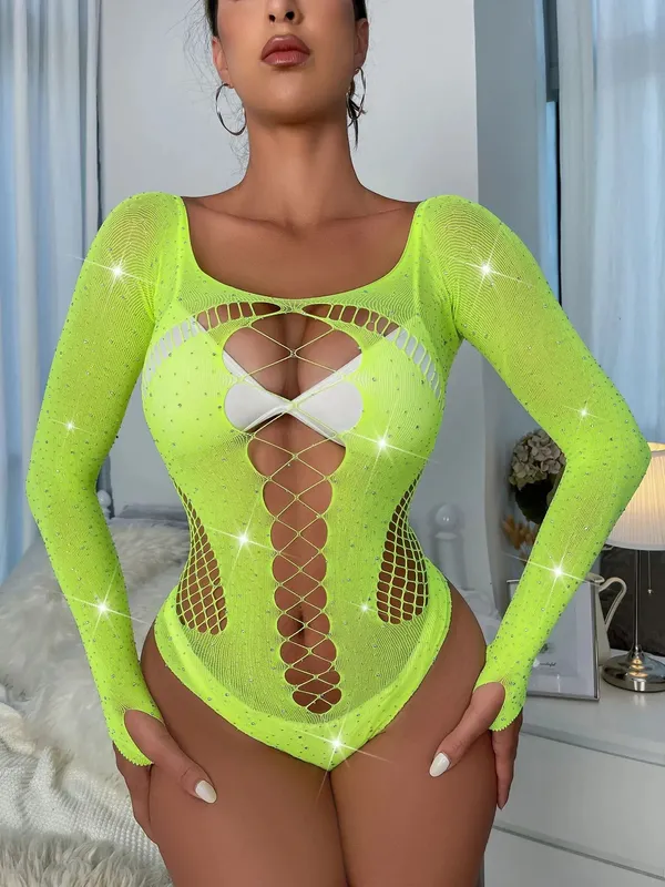 See Through Sparkly Mesh Bodysuit Women Long Sleeve Rhinestone Body Tops Hot Drill Female Party Nightclub Sexy Lingerie — image 10