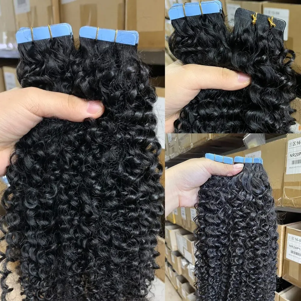 Jet Black Afro Kinky Curly Tape In Human Hair Extensions for Chocolate Women Tape Ins Hair Extension Tape on For Salon 20pcs — image 3