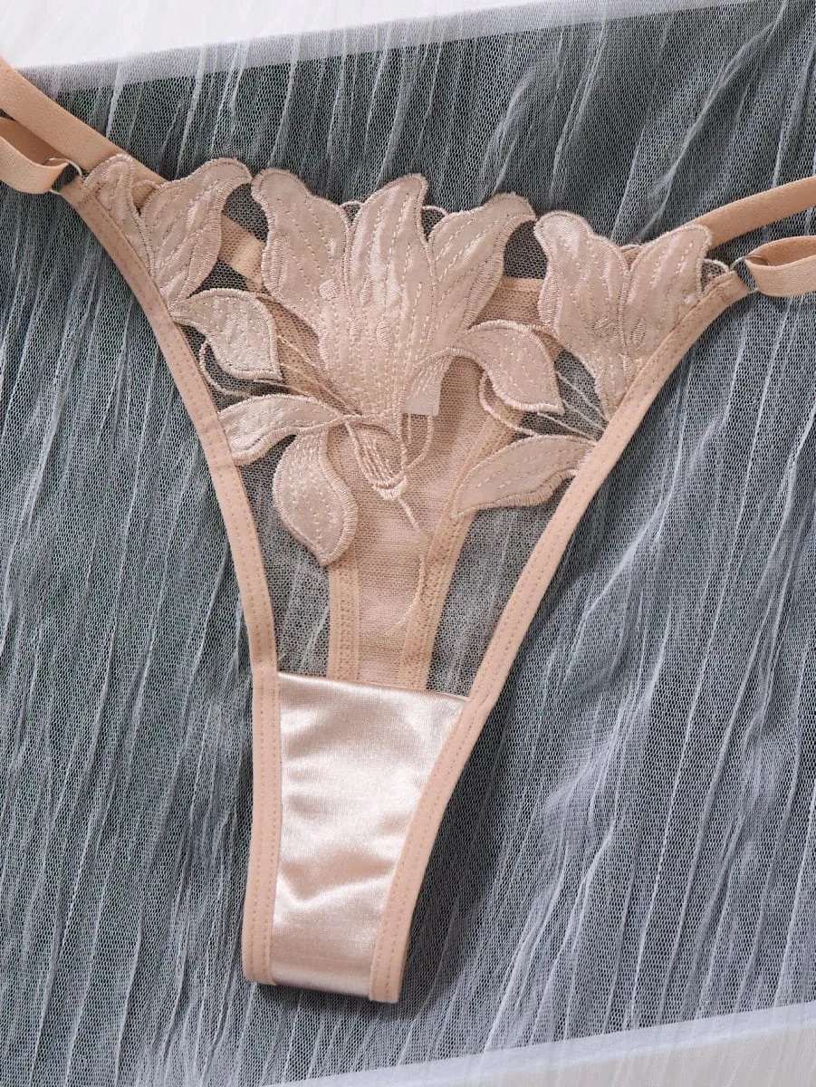 Champagne broderie florale ensemble de Lingerie Satin maille soutien-gorge à armatures string femmes sous-vêtements intimes lune de miel Boudoir ZA824031 — image 6